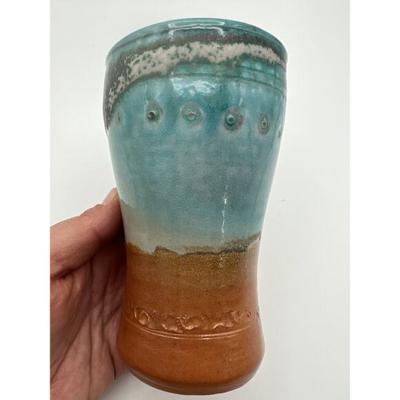 Art Pottery Blue & Brown Glazed 5” Tumbler Cup Artist Signed - Picture 4 of 10